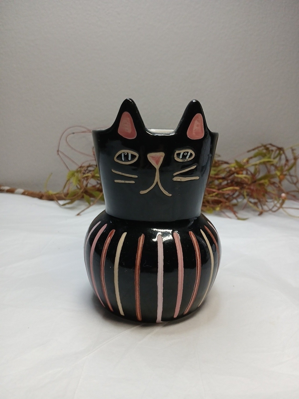 Threshold Black Ceramic Cat Planter with Pink Accents *Never Used*